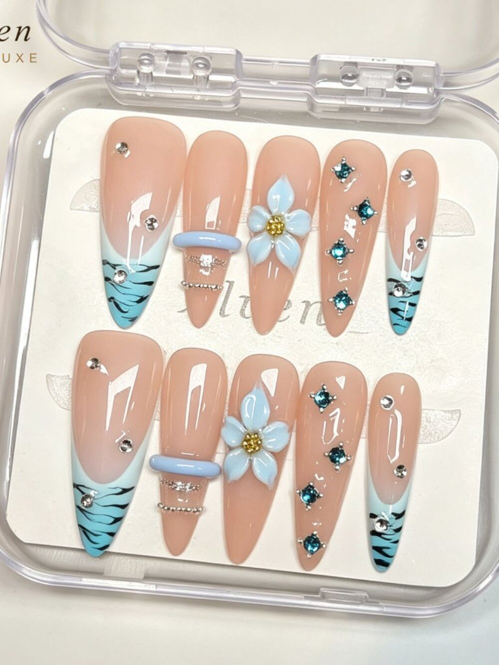 Summer Tropical Long Stiletto Press On Nails | 3D Blue Flower Blue Tiger Stripe